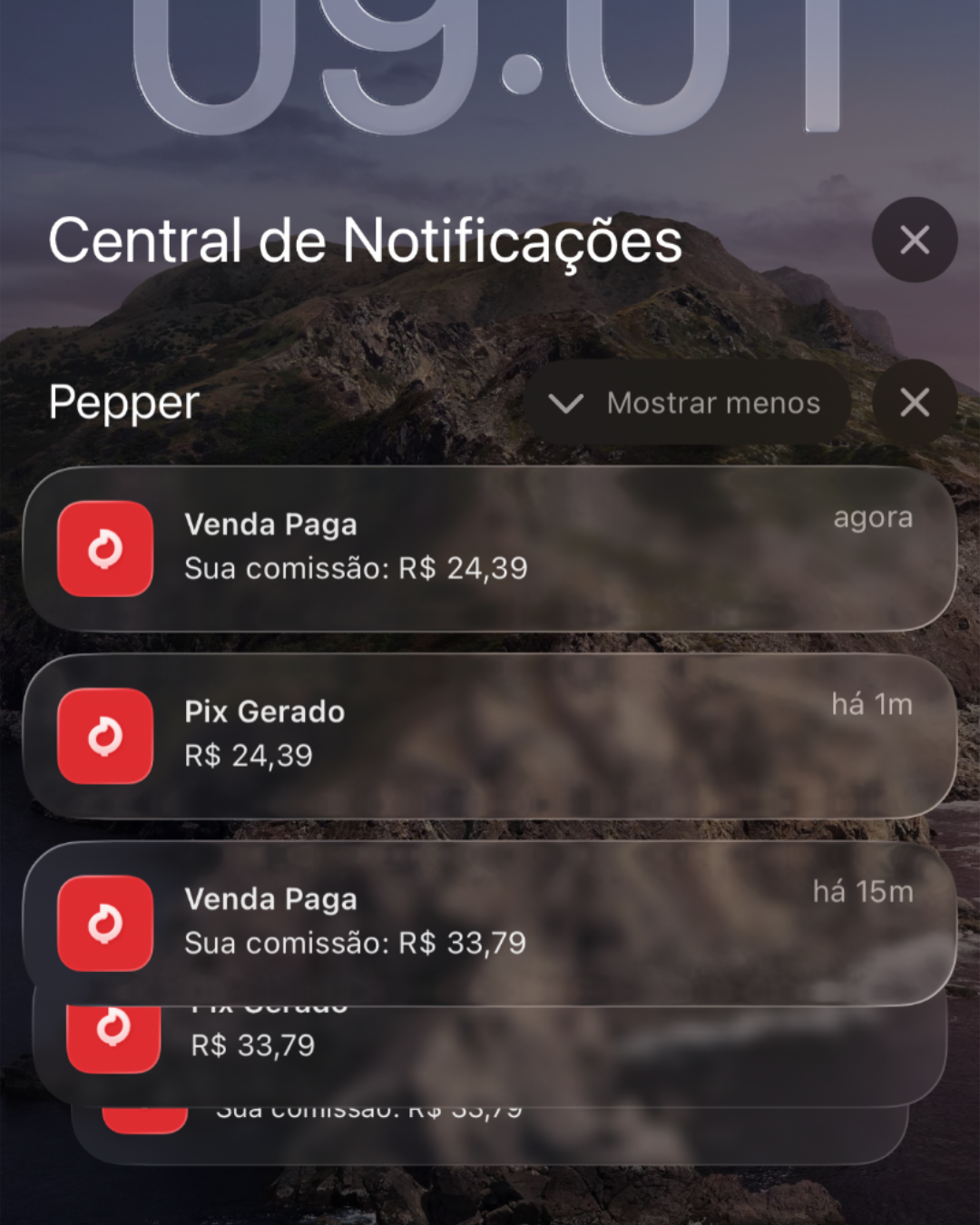Vendas pagas na central de notificações